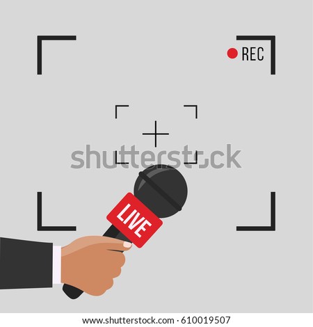 news illustration on focus TV and live with camera frame & record vector. Human hand & modern mic. Journalism on flat design & gray background concept & creative Microphone and one journalist cartoon 