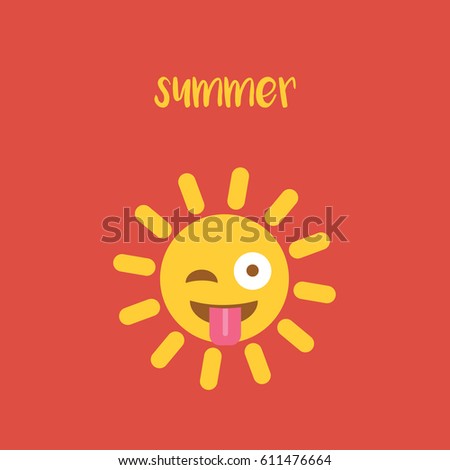new, clean & simple modern sign or symbol  with text - summer. funny cartoon sun emoticon isolated vector flat design style with two eyes tongue for holiday. enjoy the beautiful & hot sunlight.