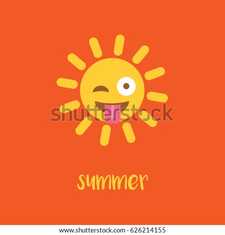 enjoy the beautiful & hot sunlight. simple new, clean & modern sign or symbol  with text - summer. funny cartoon sun emoticon isolated vector flat design style with two eyes tongue for holiday.