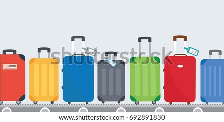 different colorful luggage bag. suitcase set on conveyor belt. Baggage claim at terminal airport  travel bags vector background flat design. cover page cartoon. concept & creative vacation holiday