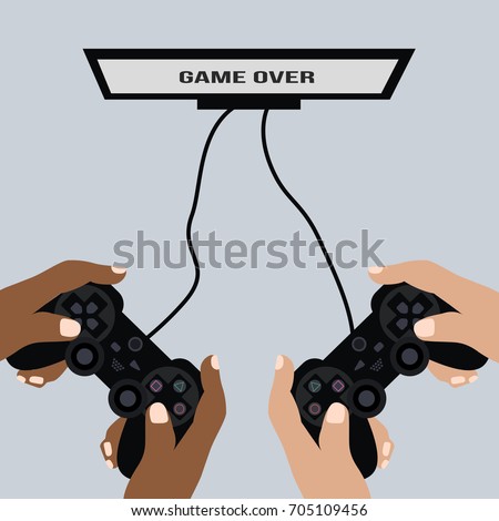 hands holding art joy pad vector. Computer game controller or remote. Gaming playstation. joystick & buttons. gamer & player play console flat design & game over 
 on tv isolated cartoon. two people.