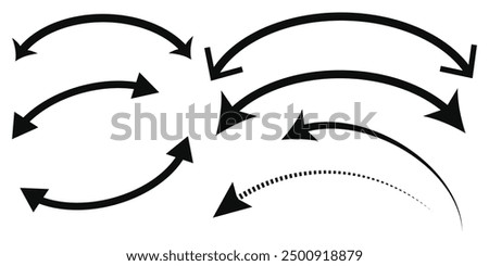 Dual arrow. Dual semi circle arrow. Vector illustration. Semicircular curved thin long double ended arrow. Black arrow Set.