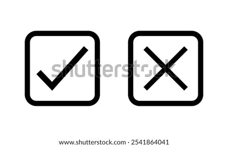 Checkbox checkmark square icon vector or confirm false true check mark pictogram graphic clipart, right wrong marker felt tip pen hand drawn set, cross and tick survey choice element design. Eps 10.