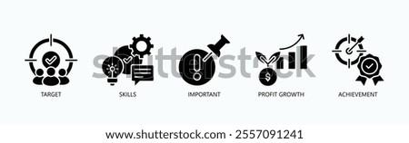 Key Skills And Goals For Driving Profit And Achievement Icon Set Vector Illustration Concept With Icon Of Target, Skills, Important, Profit Growth, Achievement In Glyph Style