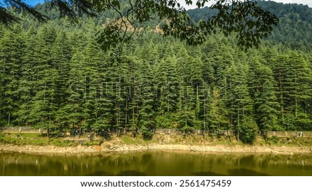 Similar – Image, Stock Photo Famous lake side view of Hallstatt village with Alps behind, Foliage leaves framed. Austria