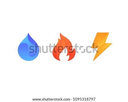 Set of three signs - elements on white background. Signs of fire, water and lightning are warning signs of danger, bad weather and cataclysms. Vector Image 商業照片 © 