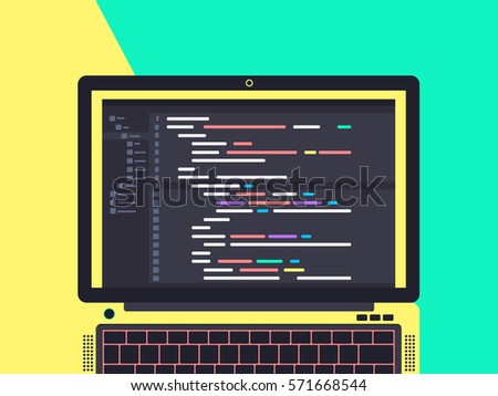 Programming and coding concept. Code on the screen laptop. Flat vector illustration.