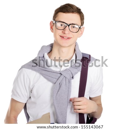 Portrait of a college guy with books, isolated on white background