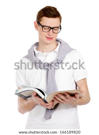 Portrait of a college guy with book , isolated on white background
