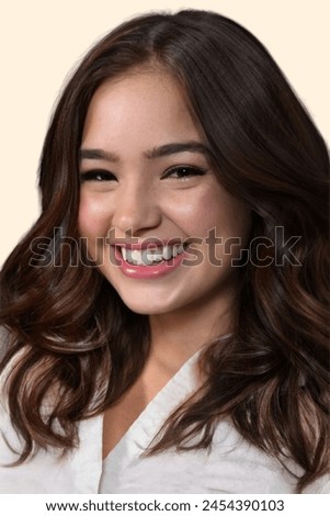 Image, Stock Photo Young dimpled woman smiles and looks at camera while standing in front of petrol blue wall