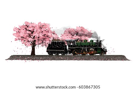 Vector Illustration: isolated on white background Cherry tree garden 
filled with flowers sakura breeze blow away and ancient steam locomotive 
running through unseen in the spring of Japan.