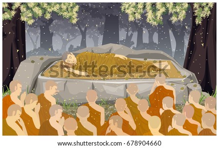 Vector Illustration Cartoon: Nirvana Buddha's death at kushikara forest Under the Sala tree (Shorea robusta) garden India. With the monk congregation mourning. Present is the day Visakha Puja.
