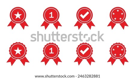 Premium medal vector icon set in red and white color. use for education and sports. Approved or certified medal icon. Achievement and award logo icon set.