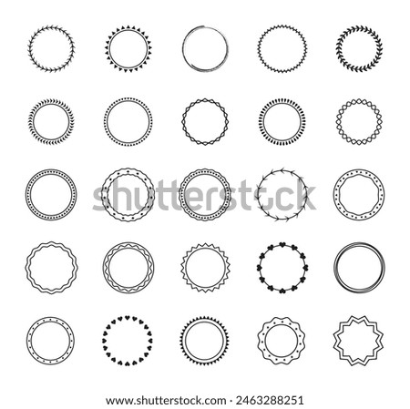 Circle frames. embroidery circular pattern borders. black circle frames on white background. wreath floral round frames, hand drawn, doodle, line art, vector illustration.