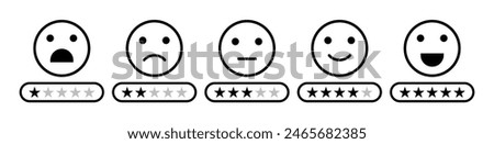 Feedback star rating emoji icon set. Rating emojis set in black color outline. Five facial expression of feedback vector.