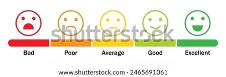 Smiley rating icon set. rating emojis set in different colors outline. Flat icon set of rating and feedback emojis icons color outline. emotion levels on scale different faces icon.