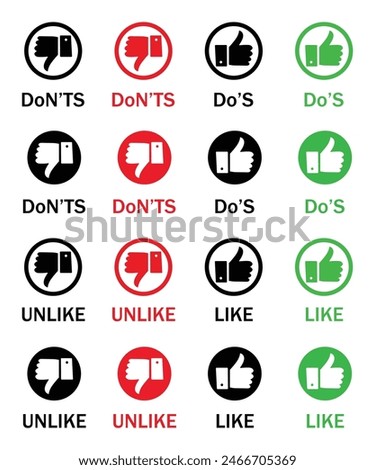 Set of dos and don'ts-like thumbs up or thumbs down. Like or dislike index finger sign. Do and do not vector icon set with different color.