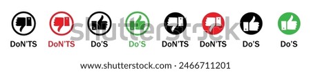 Set of dos and don'ts-like thumbs up or thumb down. Like or dislike index finger sign. Do and do not red, black, green icon set.