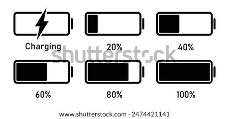 Battery charge level vector icon set in black. Battery charging, charge indicator. Battery icons going from 0 to 100% from black color.
