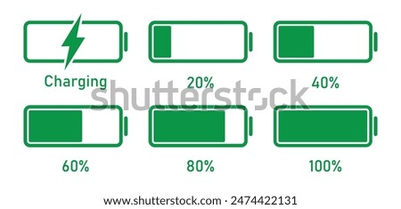 Mobile battery, charging 20 to 100 percentage infographics full battery charge, energy level, progress, growth, power vector sign symbols. Battery charge level indicator in green color.