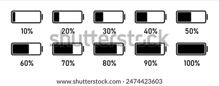 10 to 100 percentage infographics full battery charge, energy level, progress, growth, power vector sign symbols black color.