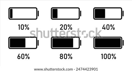 Battery charge level set with black color. Battery charging, charge indicator. Battery icons going from 10 to 100% from black color.