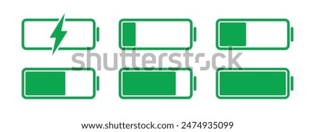 Battery charge indicator vector icon set in green color. White background. Vector illustration. Battery charge full power energy level.
