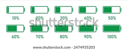 Set of mobile battery charging label. Ten to hundred percentage infographics full battery charge, energy level, progress, growth, power vector sign symbols green color.