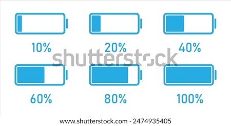 Battery charge level set with blue color. Battery charging, charge indicator. Battery icons going from 10 to 100% from blue color.