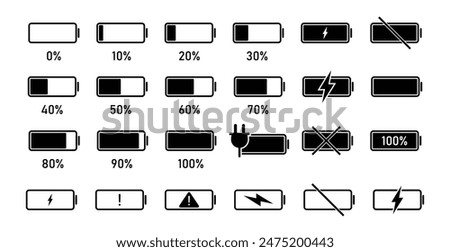 Different battery capacity charge icon set. battery vector icon set in black color. Battery charge level indicator. mobile battery vector icon.