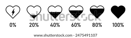 Heart rating, Love meter or gauge icon for valentine day card. The illustration of love meter. black color. 0 to 100 percent heart rating level vector icon set.