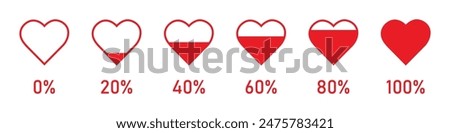 Heart rating, Love meter or gauge icon for velentine day card. The illustration of love meter. red color. 0 to 100 percent heart rating level. Vector illustration.