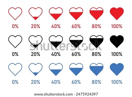 Collection of heart vector icon set in red, black, blue color. Heart shape loading progress indicator vector illustration. Heart vector icon set in different color.