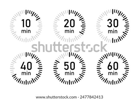 From 10 minutes to 60 minutes on stopwatch vector icon set in flat style. Countdown sign business concept. 10, 20, 30, 40, 50, 60 min, timer clock.