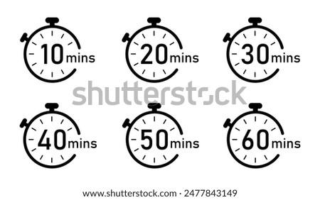 Timer, clock, stopwatch isolated vector icon. Timer icon set, timer from 10 to 60 minutes, vector illustration. 10, 20, 30, 40, 50, 60 min, timer clock.
