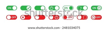 Power on or off button. Set of switch button icon set. Turn on and turn off switch button. On and off toggle switch buttons. On and off vector icon set with red and green color.