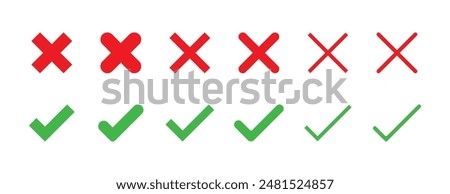 Green check mark, red cross mark icon set. Set of check mark and cross mark icon. Vector illustration. True and false button. Right or rong button. vector illustration.