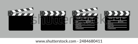 Clapper board vector icon set. Opened and closed movie clapper film clap board. Movie, cinema, film symbol concept. Director clapboard. Filmmaking, video production industry equipment.