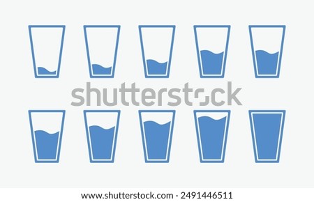 Water glass icon set in blue color. Glass water level. Glass of water flat icon set. Blue color, outline and fill. Vector illustration. Glasses of water, vector set.