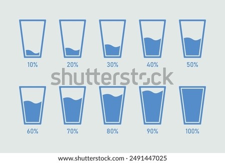 Water glass icon set in blue color. Set of 10% to 100% glass of water flat icon set. Glasses water level. Blue color, outline and fill. Vector illustration.