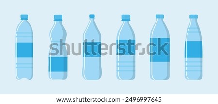 Set of bottle icon blue color. Bottle of water icon in flat style. Vector illustration. Plastic bottle collection. Plastic bottle icon set with different style.