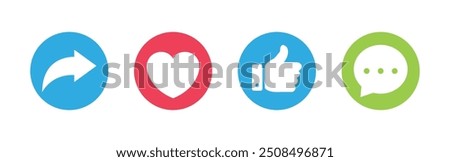 Like, Share, comment and love heart icon buttons. Set social media notification functional icons like, love, heart, thumb up, repost, comment, share, stories user buttons. Vector illustration.