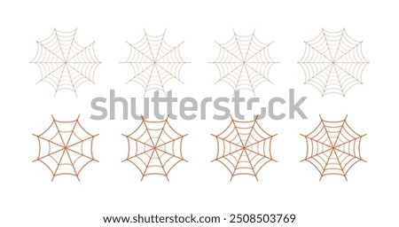 Spider web icon set in different shape. Outline set of spider vector icons. Set of spider web and halloween cobweb decoration. Spider web vector icon set in orange color. Vector illustration.