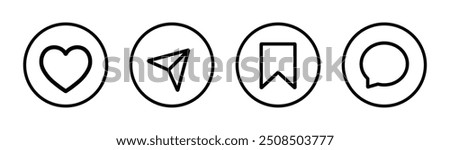 Like, share, save and comment icon in line. Set of social media elements. Social media sign symbol. Vector illustration.