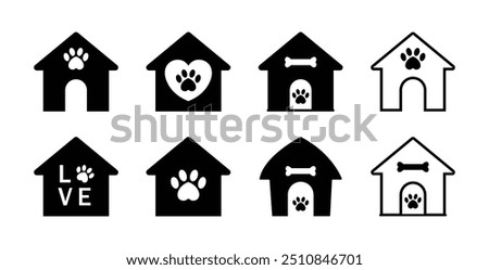 Doghouse icon with bone, love, heart and paw symbol set. Doghouse vector Icon set in black and white color different shape. Doghouse kennel vector icon in outline and fill. Vector illustration.