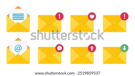 Notification, message or email vector icon set isolated on white background. Envelope message icon collection. Incoming message notification vector illustration.