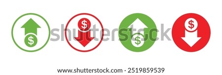 Dollar price up and down vector sign icon in flat or line style. Dollar coin graph up and down. Money cost arrow growth, decline. Currency investment. Market price. Up and down dollar arrow vector.