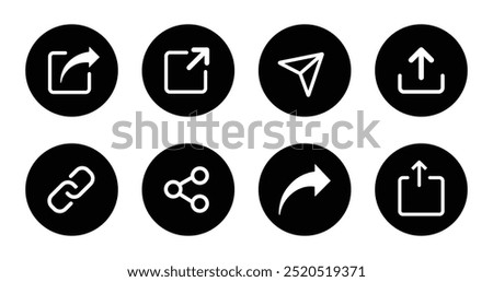 Share icon buttons set in black circle. Share icon set isolated on white background. Share icon button in flat design. Vector illustration.