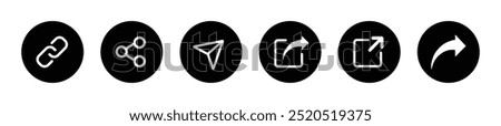 Share icon button set in circle. Share icon set isolated on white background. Share icon button in flat design. Vector illustration.