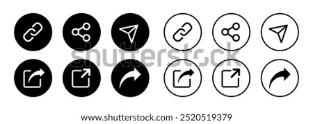 Share icon buttons set in circle. Share icon set isolated on white background. Share icon in flat and outline design. Vector illustration.